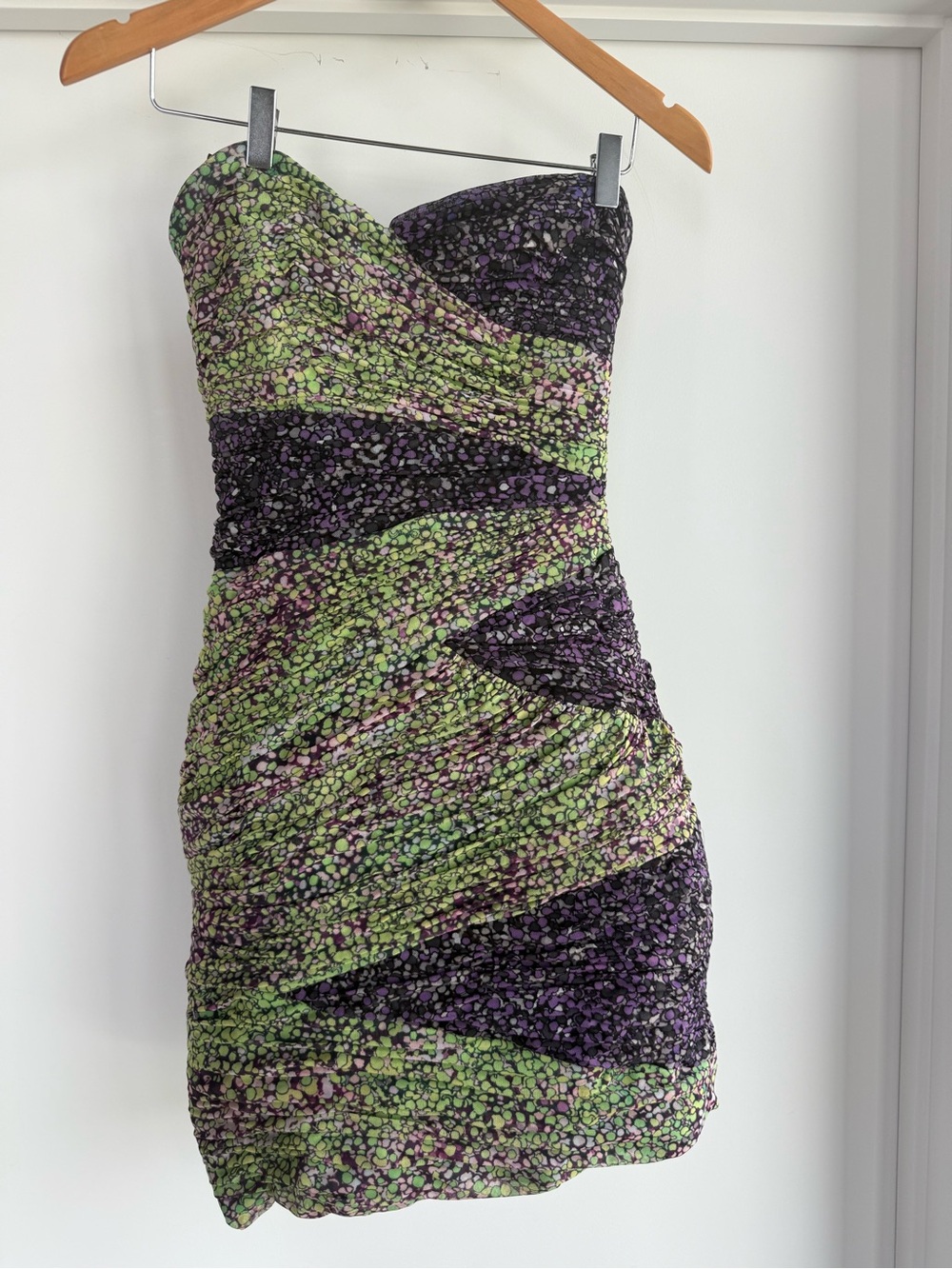 BCBGMaxAzria Strapless Ruched Mini Dress in Green & Purple Mosaic